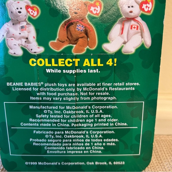 RARE McDonald's Brittania Erin Glory & Maple TY Beanie Babies Bear Complete Set - Picture 9 of 16